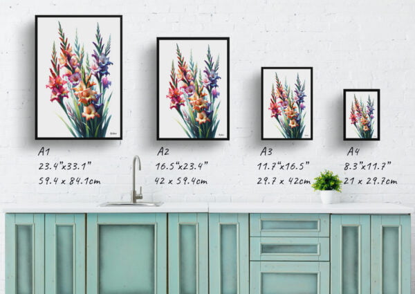 watercolour realist flowers sword liliesgladiolus print size comparison