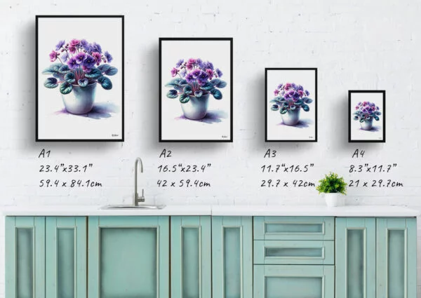 watercolour realist home plants african violetsaintpaulia ionantha print size comparison