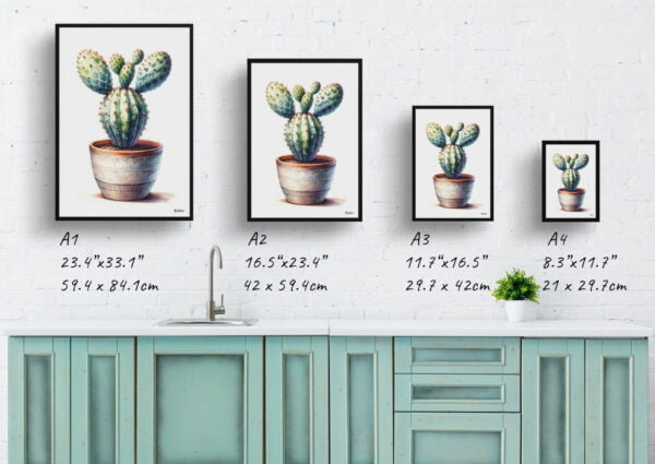 watercolour realist home plants bunny ears cactusopuntia microdasys print size comparison