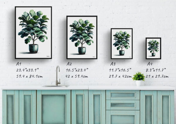 watercolour realist home plants fiddle leaf figficus lyrata print size comparison