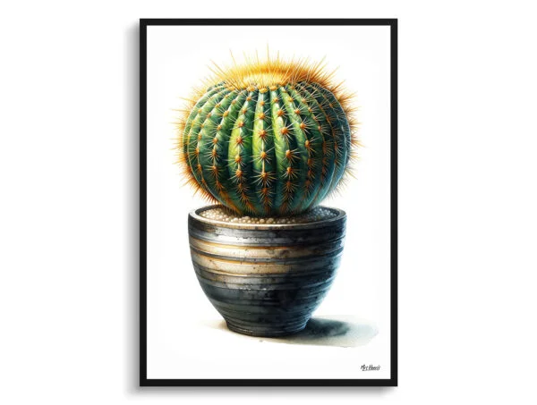 Golden Barrel Cactus (Echinocactus grusonii) Watercolour Style Art Print - Illustration Painting Framed Plant Wall Art