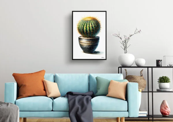 Golden Barrel Cactus (Echinocactus grusonii) Watercolour Style Art Print - Illustration Painting Framed Plant Wall Art - Image 2