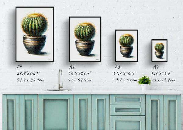 watercolour realist home plants golden barrel cactusechinocactus grusonii print size comparison