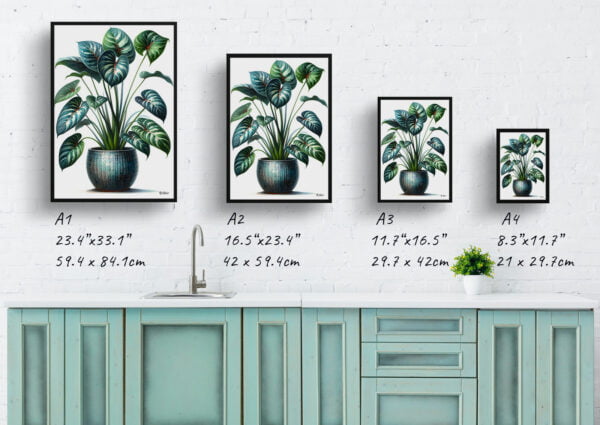 watercolour realist home plants homalomena army print size comparison