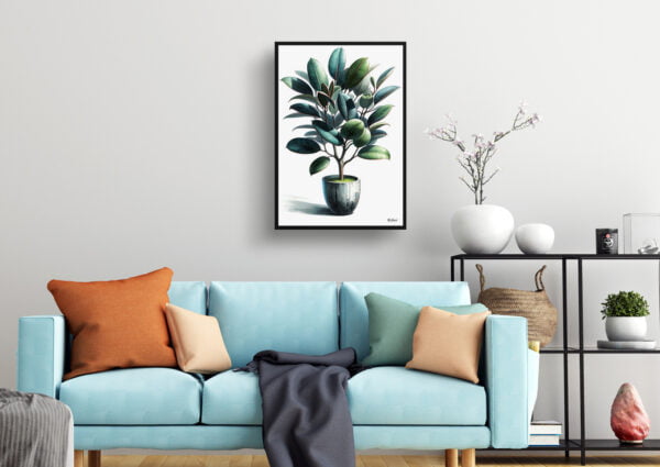 watercolour realist home plants rubber plantficus elastica living room