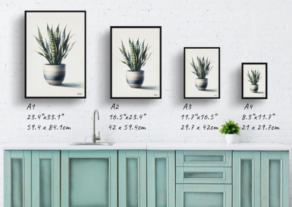 watercolour realist home plants snake plantdracaena trifasciata print size comparison