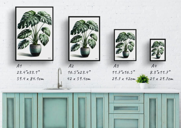 watercolour realist home plants swiss cheese plantmonstera deliciosa print size comparison