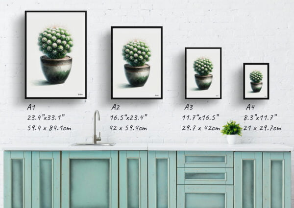 watercolour realist home plants thimble cactusmammillaria gracilis fragilis print size comparison