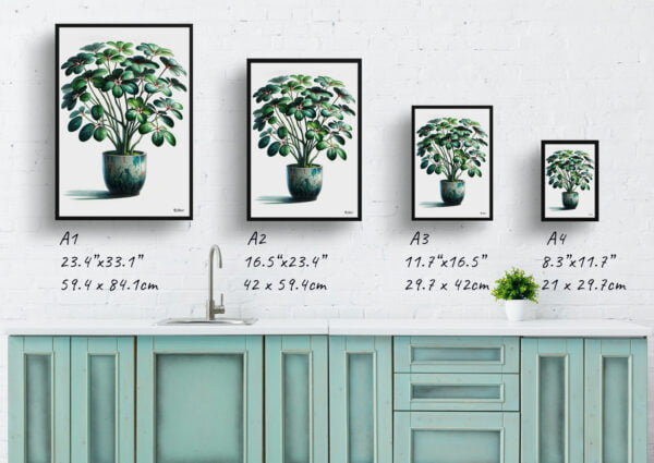 watercolour realist home plants umbrella plantschefflera actinophylla print size comparison