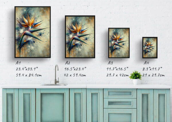 oil whimsical flowers bird of paradisestrelitzia print size comparison 1