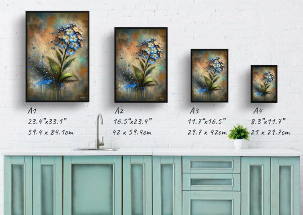 oil whimsical flowers chinese forget me notcynoglossum print size comparison 1