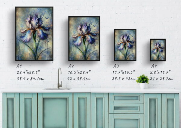 oil whimsical flowers irisfleur de lis print size comparison 1