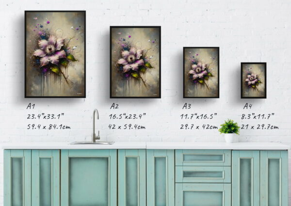 oil whimsical flowers leather flowerclematis print size comparison 1