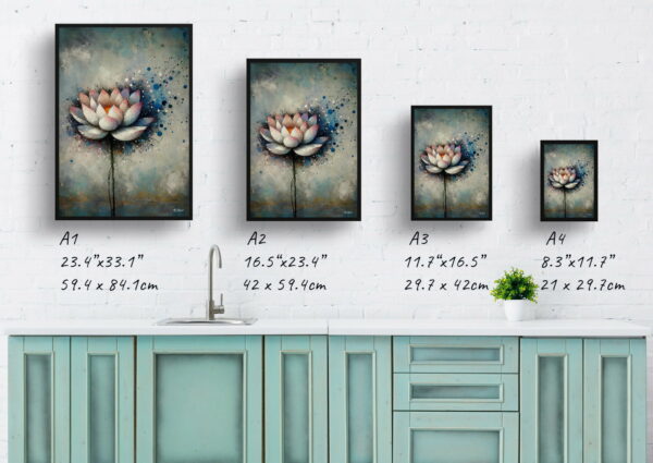 oil whimsical flowers lotusnelumbo nucifera print size comparison 1