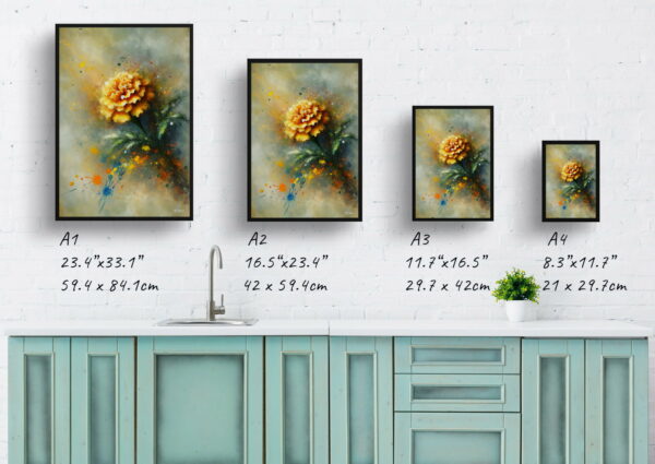 oil whimsical flowers marigoldtagetes print size comparison 1