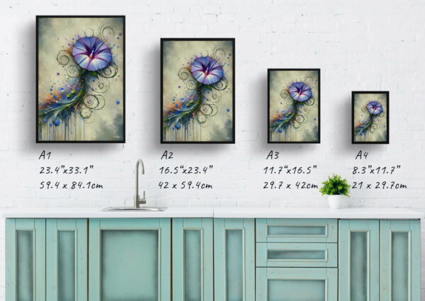 oil whimsical flowers morning gloryipomoea purpurea print size comparison 1