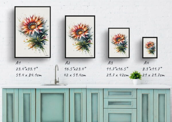 watercolour blotted flowers african daisiesgazania print size comparison 1