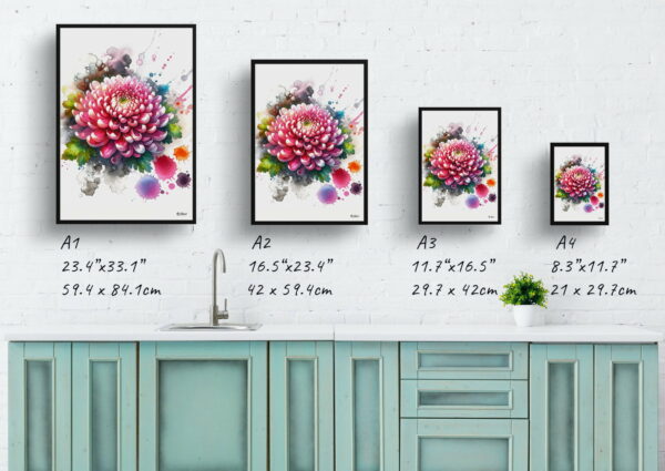 watercolour blotted flowers asteraceaechrysanthemum print size comparison 1