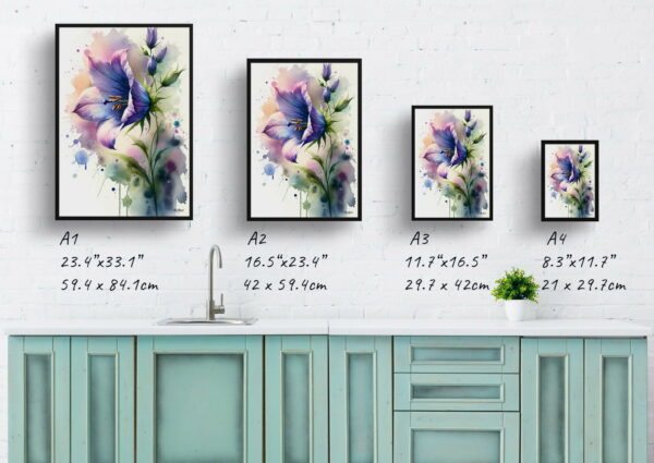 watercolour blotted flowers bellflowercampanula print size comparison 1