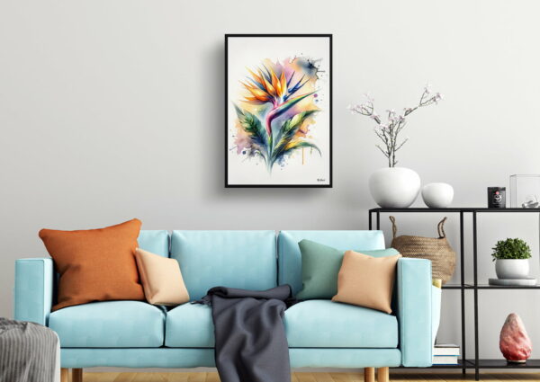 watercolour blotted flowers bird of paradisestrelitzia living room 1