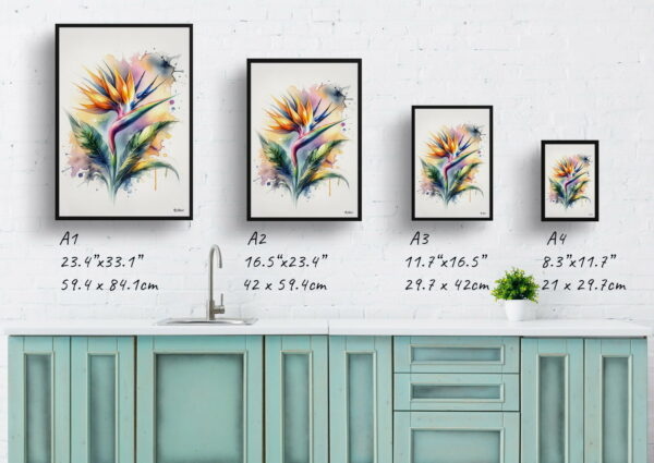 watercolour blotted flowers bird of paradisestrelitzia print size comparison 1