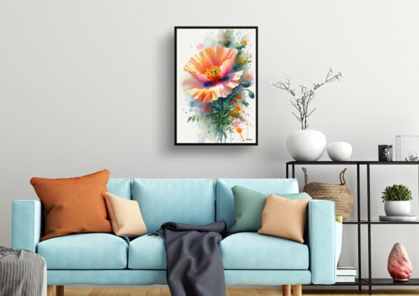 watercolour blotted flowers california poppyeschscholzia living room 1