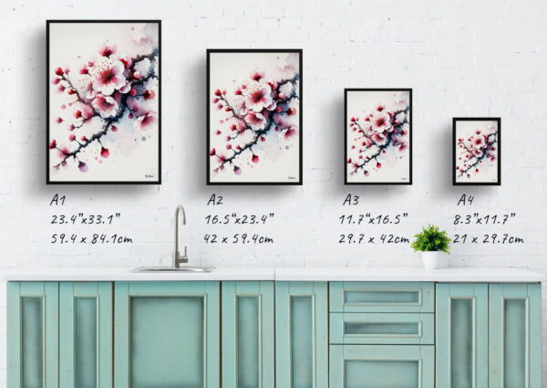 watercolour blotted flowers cherry blossomsakura print size comparison 1