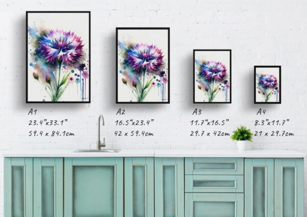 watercolour blotted flowers cornflowercentaurea cyanus print size comparison 1