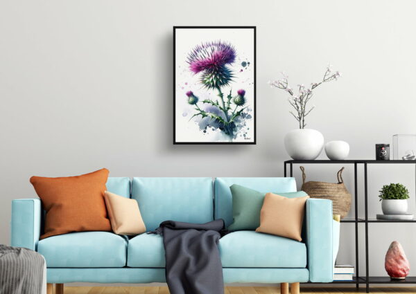 watercolour blotted flowers cotton thistleonopordum living room 1