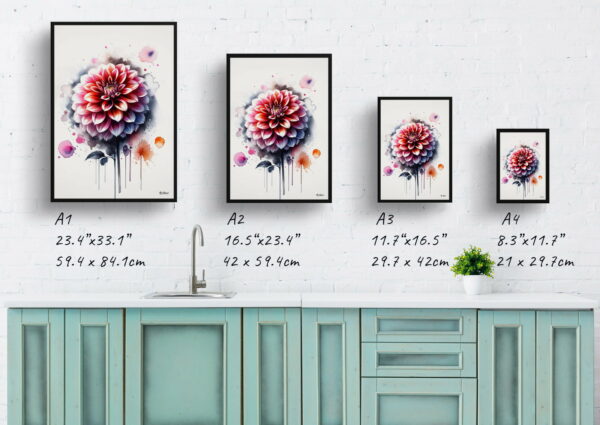 watercolour blotted flowers dahliaasteraceae print size comparison 1