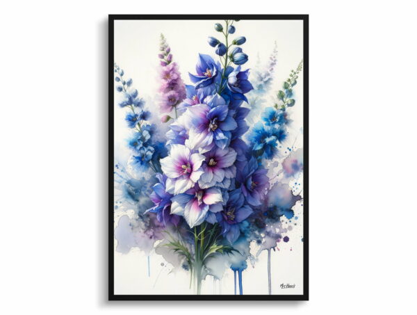 watercolour blotted flowers delphiniumlarkspur front view 1