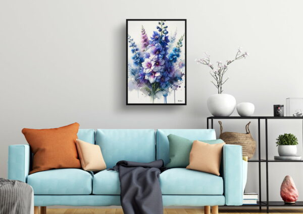 watercolour blotted flowers delphiniumlarkspur living room 1