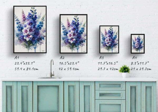 watercolour blotted flowers delphiniumlarkspur print size comparison 1