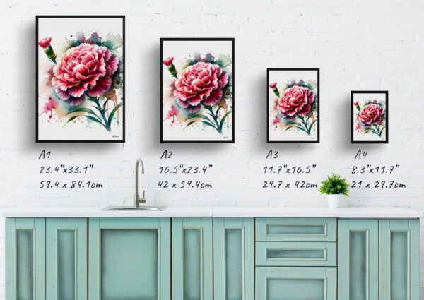 watercolour blotted flowers dianthus caryophylluscarnation print size comparison 1