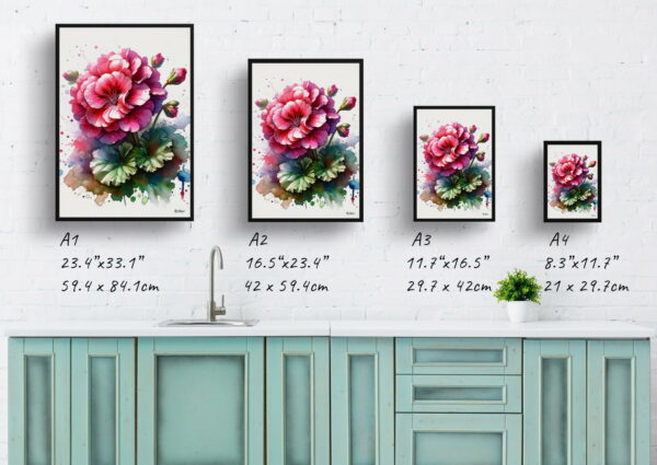 watercolour blotted flowers geraniumpelargoniums print size comparison 1