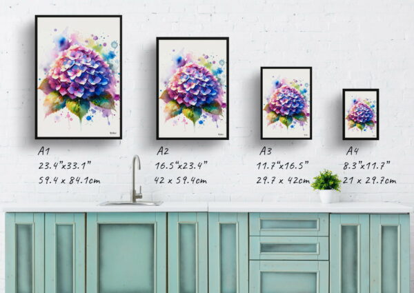 watercolour blotted flowers hortensiahydrangea print size comparison 1