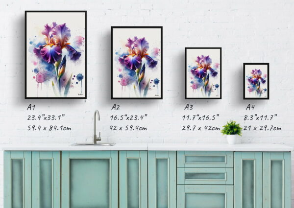 watercolour blotted flowers irisfleur de lis print size comparison 1