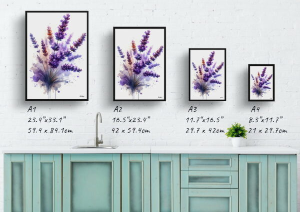 watercolour blotted flowers lavenderlavendula print size comparison 1