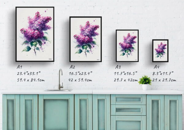 watercolour blotted flowers lilacsyringa vulgaris print size comparison 1