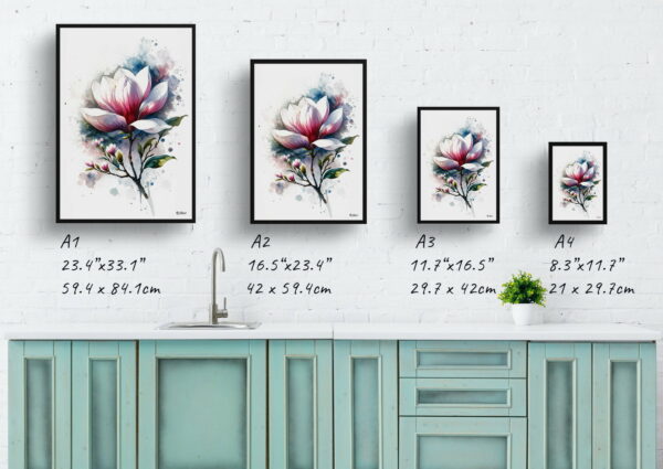 watercolour blotted flowers magnoliagrandiflora print size comparison 1