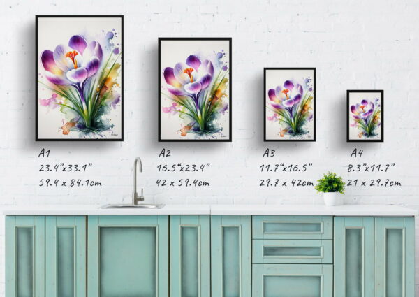 watercolour blotted flowers meadow saffroncrocus print size comparison 1