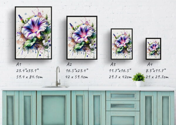 watercolour blotted flowers morning gloryipomoea purpurea print size comparison 1