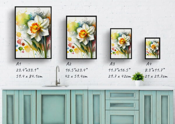 watercolour blotted flowers narcissus jonquildaffodil print size comparison 1