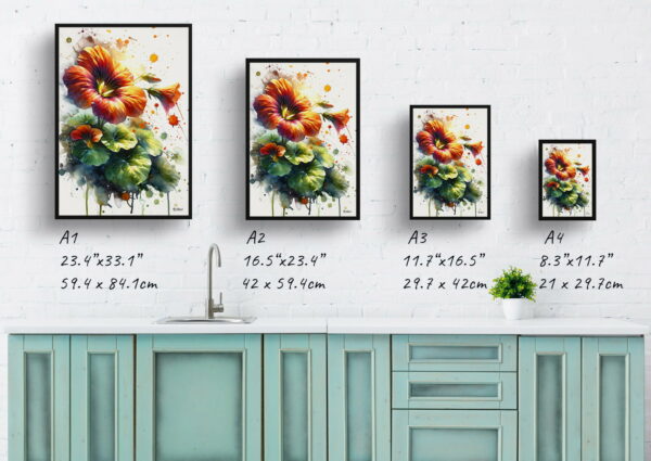 watercolour blotted flowers nasturtiumstropaeolum print size comparison 1