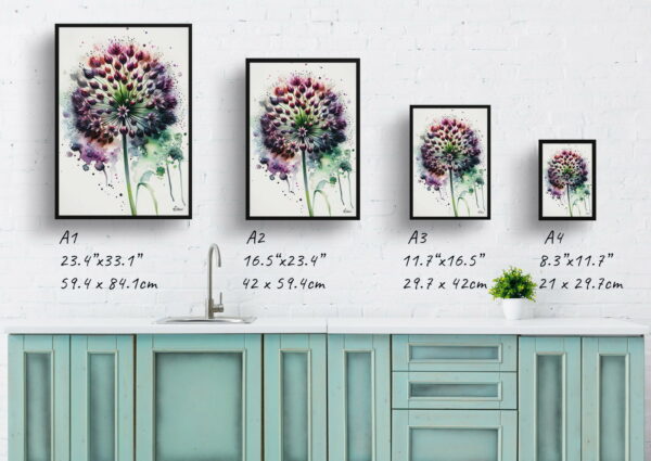 watercolour blotted flowers ornamental onionallium nigrum print size comparison 1