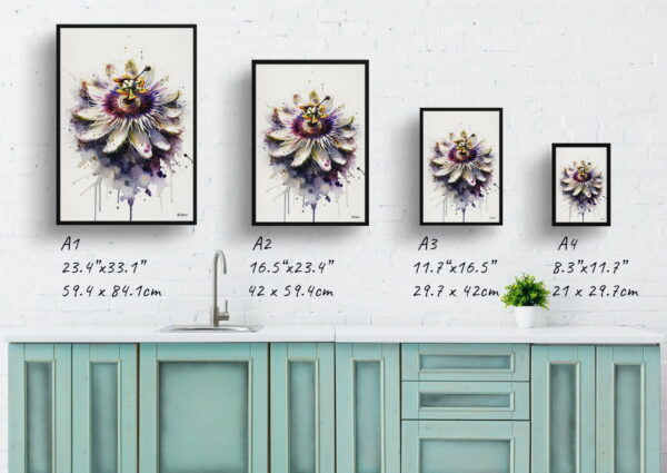 watercolour blotted flowers passion flowerpassiflora print size comparison 1