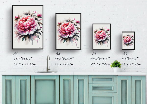 watercolour blotted flowers peonypaeonia print size comparison 1