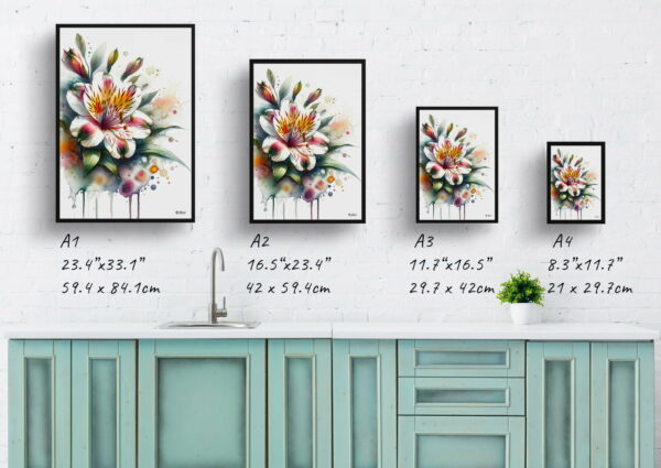 watercolour blotted flowers peruvian lily of the incasalstroemeria print size comparison 1