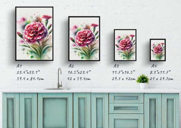 watercolour blotted flowers pinksdianthus print size comparison 1