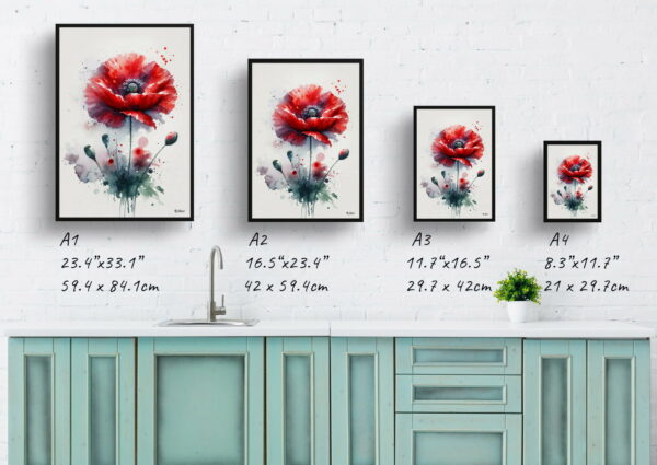 watercolour blotted flowers poppypapaver rhoeas print size comparison 1